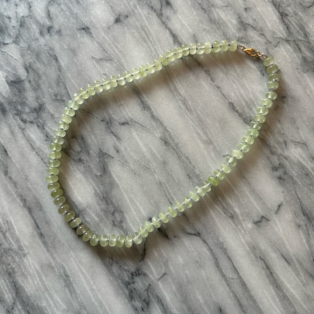 Green Dyed Jade Silk Hand Knotted Rondelle Necklace Gemstone 14k Gold Fill Clasp